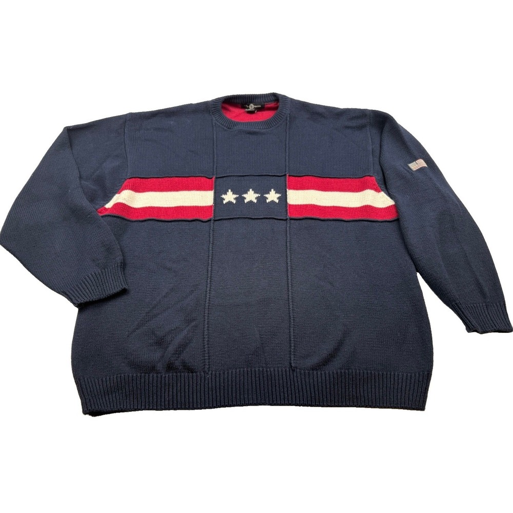 Cotton Traders Knit Sweater Stars Stripes American Flag USA Navy Red White XXL